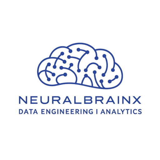 A logo that have a brain and nodes. It is in blue colour. It says NEURALBRAINX and DATA ENGINEERING|ANALYTICS